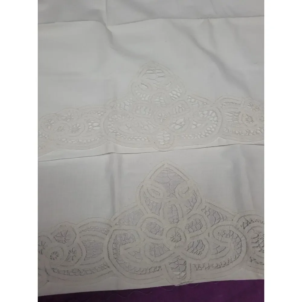 Antique Linen Embroidered Floral Embroidery Trim Pillowcase Set 2